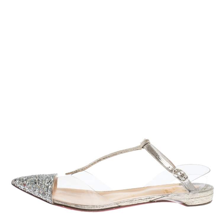 Pre Owned Christian Louboutin Silver Coarse Glitter, Leather And PVC Nosy T Strap Sandals Size 39.5