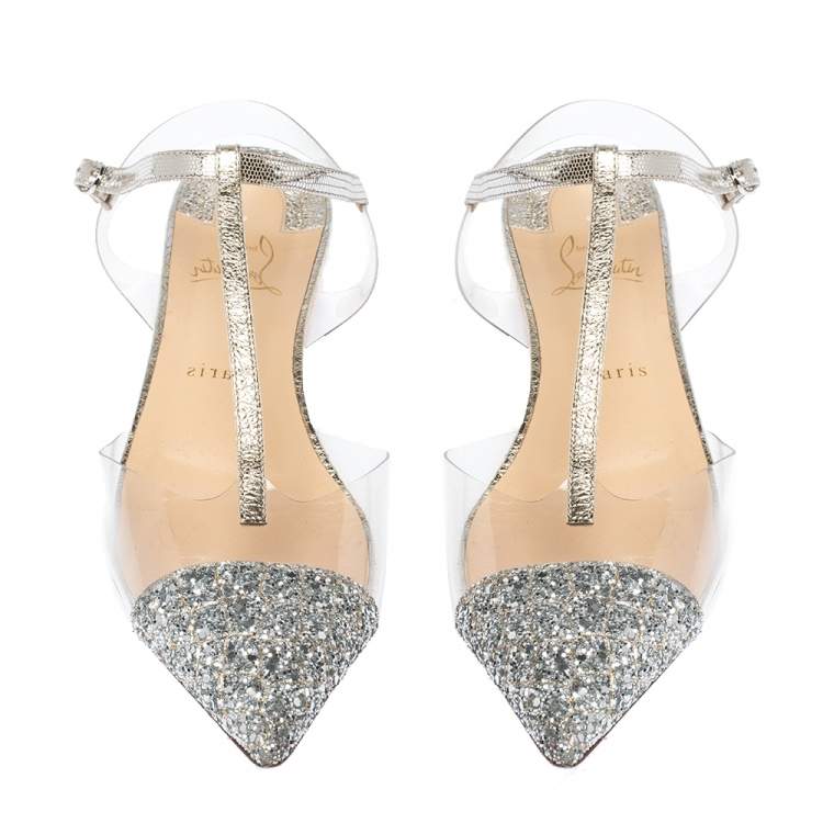 Pre Owned Christian Louboutin Silver Coarse Glitter, Leather And PVC Nosy T Strap Sandals Size 39.5