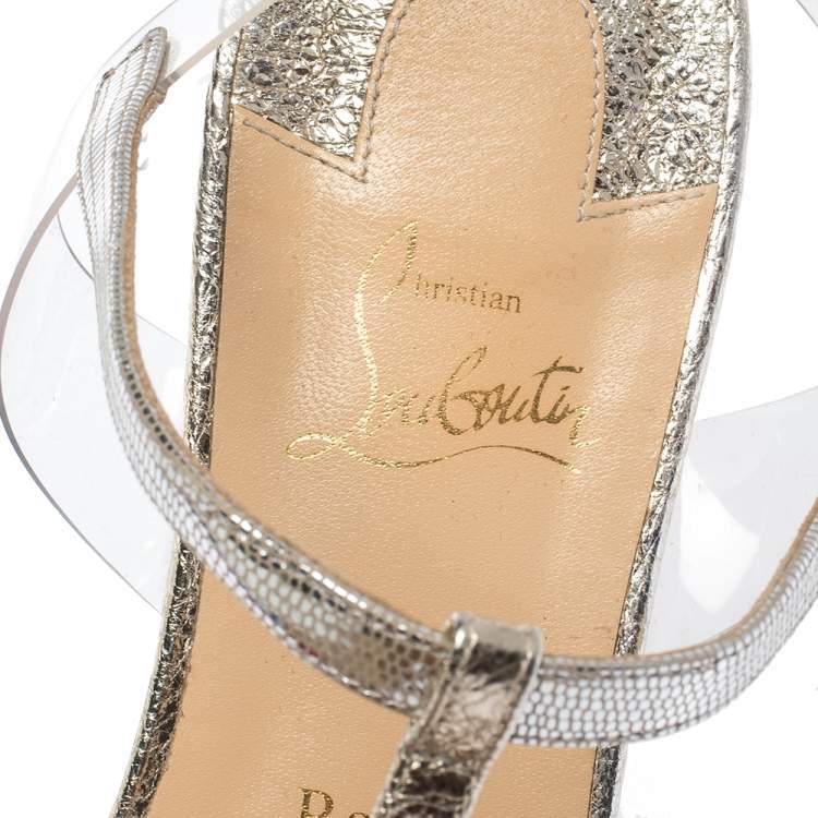 Pre Owned Christian Louboutin Silver Coarse Glitter, Leather And PVC Nosy T Strap Sandals Size 39.5