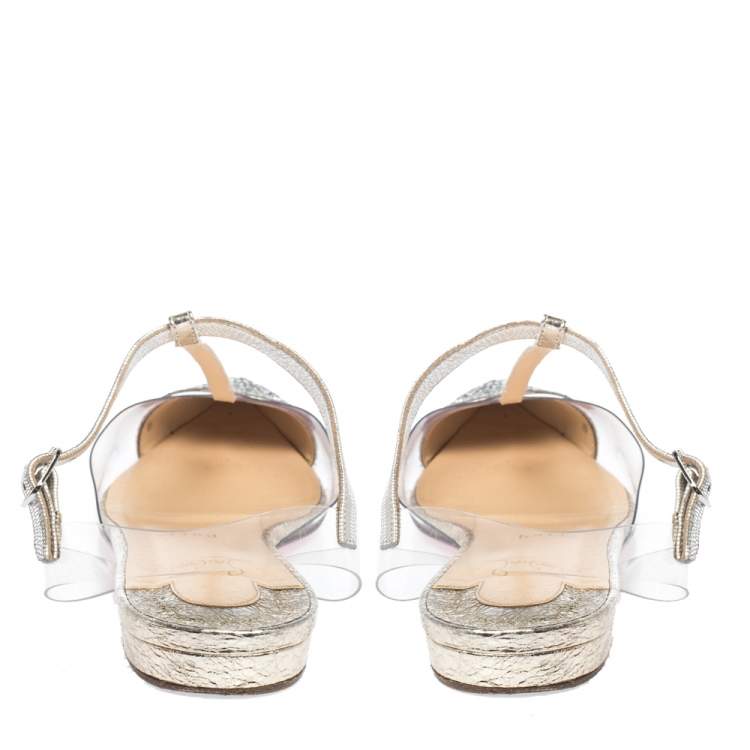 Pre Owned Christian Louboutin Silver Coarse Glitter, Leather And PVC Nosy T Strap Sandals Size 39.5