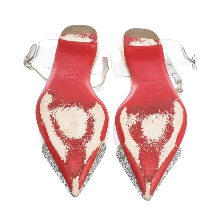 Pre Owned Christian Louboutin Silver Coarse Glitter, Leather And PVC Nosy T Strap Sandals Size 39.5