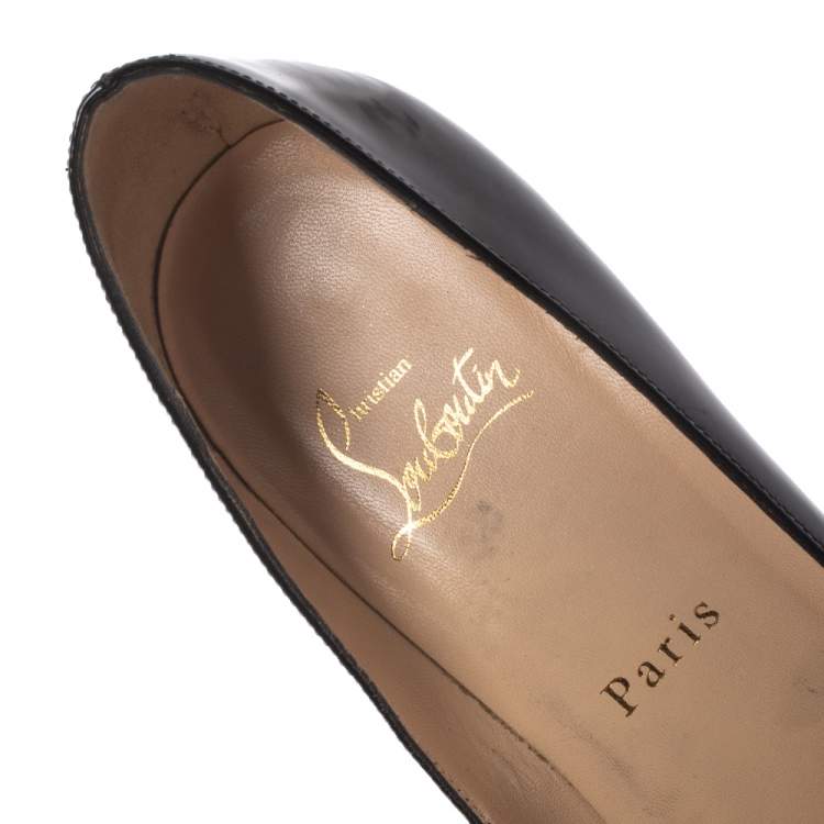 Pre Owned Christian Louboutin Black Patent Leather Lady Peep Toe Platform Pumps Size 38.5