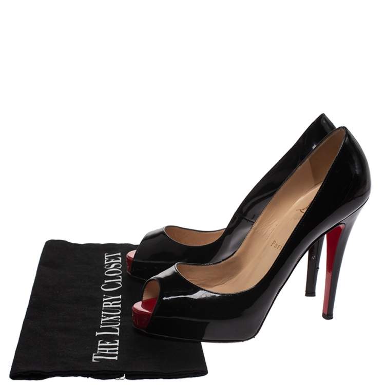Pre Owned Christian Louboutin Black Patent Leather Lady Peep Toe Platform Pumps Size 38.5