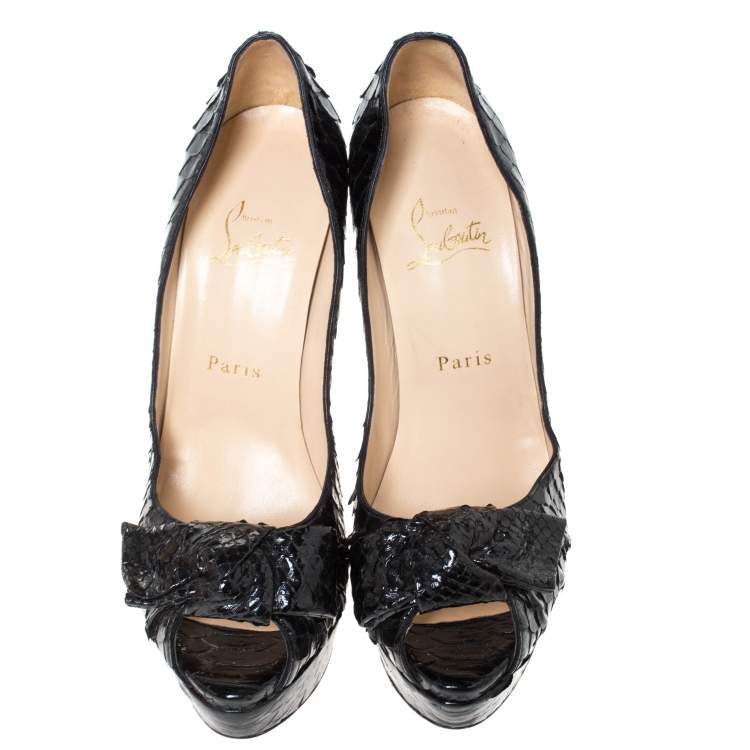 Pre Owned Christian Louboutin Black Python Madame Butterfly Peep Toe Pumps Size 38.5