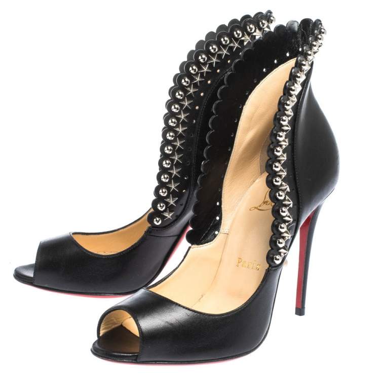 Pre Owned Christian Louboutin Black Leather Embellished Peep Toe Pijonina Pumps Size 36.5