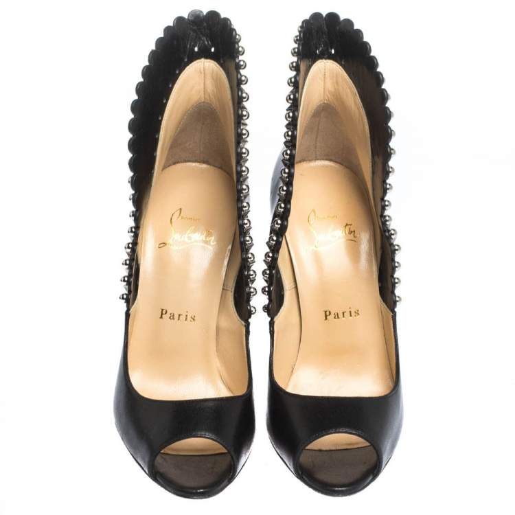 Pre Owned Christian Louboutin Black Leather Embellished Peep Toe Pijonina Pumps Size 36.5