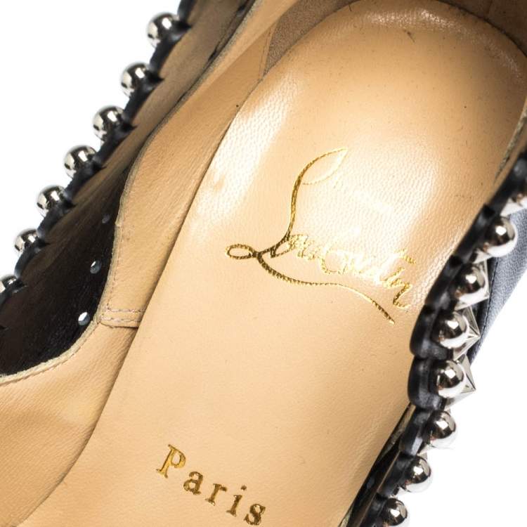 Pre Owned Christian Louboutin Black Leather Embellished Peep Toe Pijonina Pumps Size 36.5