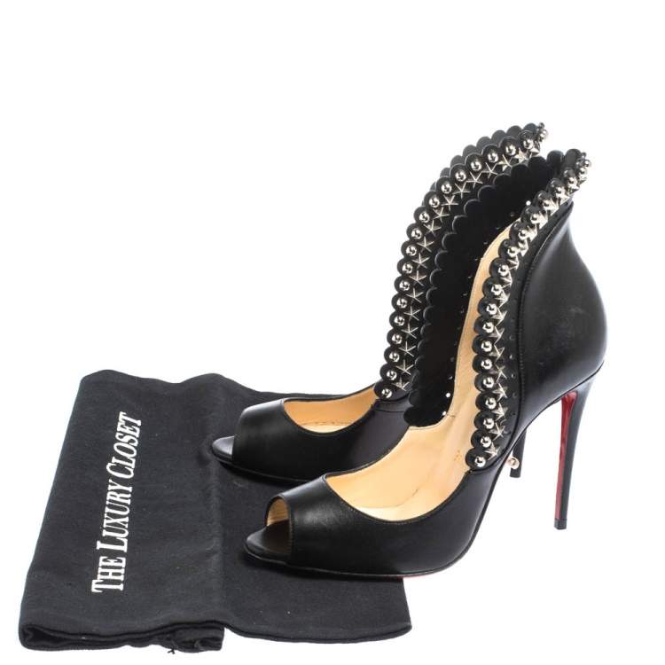Pre Owned Christian Louboutin Black Leather Embellished Peep Toe Pijonina Pumps Size 36.5