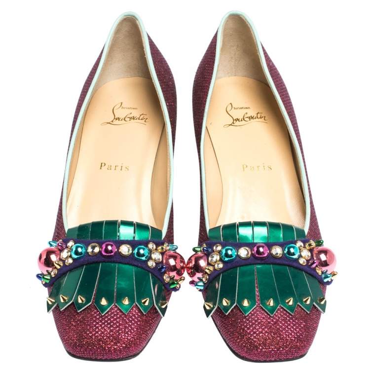 Pre Owned Christian Louboutin Pink/Green Glitter Fabric And Patent Oaxacana Pumps Size 39.5