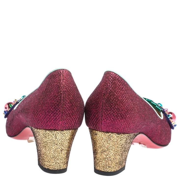 Pre Owned Christian Louboutin Pink/Green Glitter Fabric And Patent Oaxacana Pumps Size 39.5