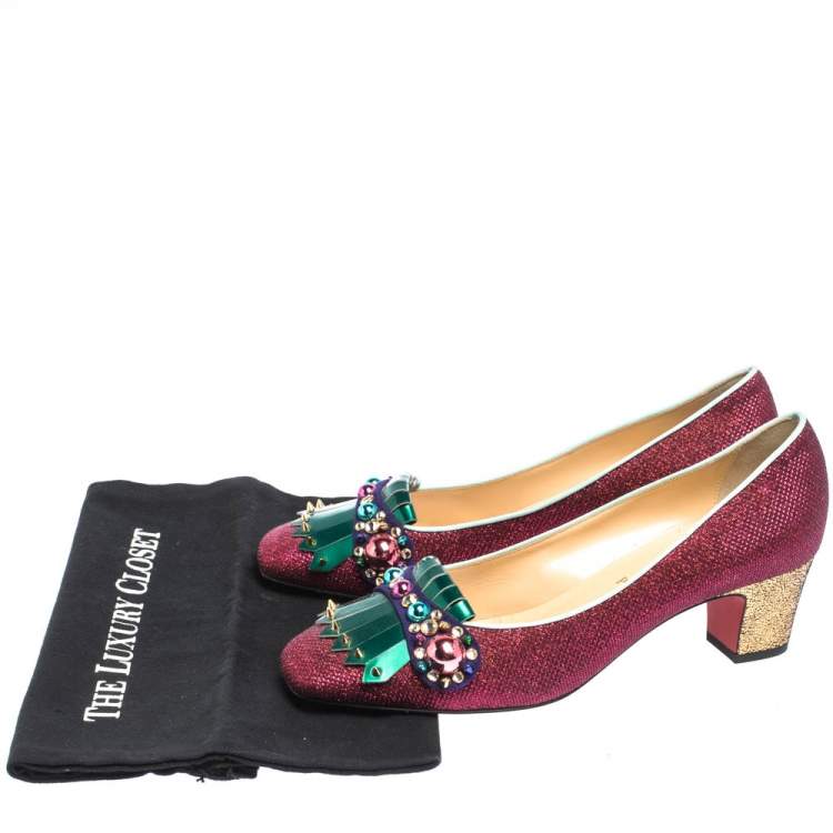 Pre Owned Christian Louboutin Pink/Green Glitter Fabric And Patent Oaxacana Pumps Size 39.5