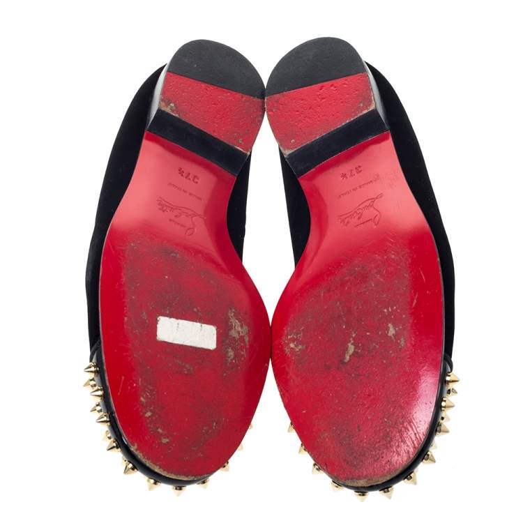 Pre Owned Christian Louboutin Black Velvet and Patent Spiked Cap Toe Harvanana Smoking Slippers Size 37.5