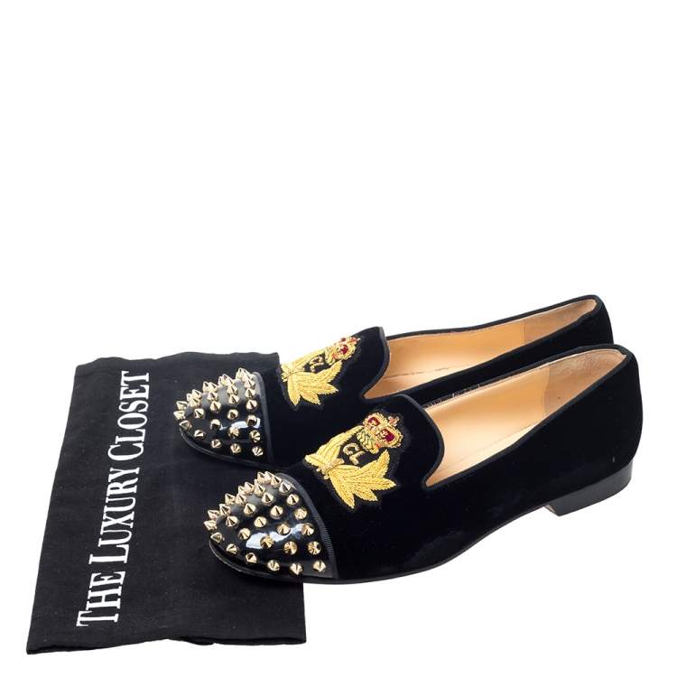 Pre Owned Christian Louboutin Black Velvet and Patent Spiked Cap Toe Harvanana Smoking Slippers Size 37.5