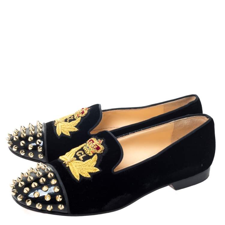 Pre Owned Christian Louboutin Black Velvet and Patent Spiked Cap Toe Harvanana Smoking Slippers Size 37.5