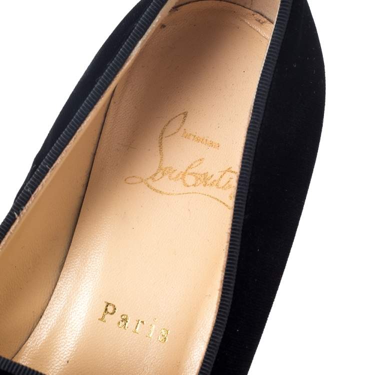 Pre Owned Christian Louboutin Black Velvet and Patent Spiked Cap Toe Harvanana Smoking Slippers Size 37.5