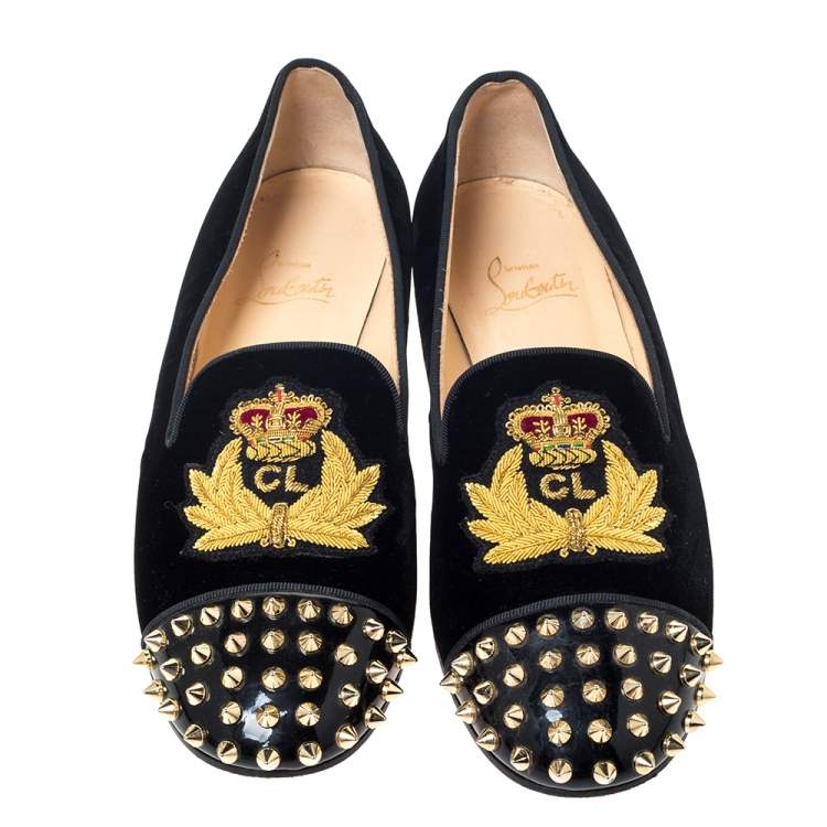Pre Owned Christian Louboutin Black Velvet and Patent Spiked Cap Toe Harvanana Smoking Slippers Size 37.5