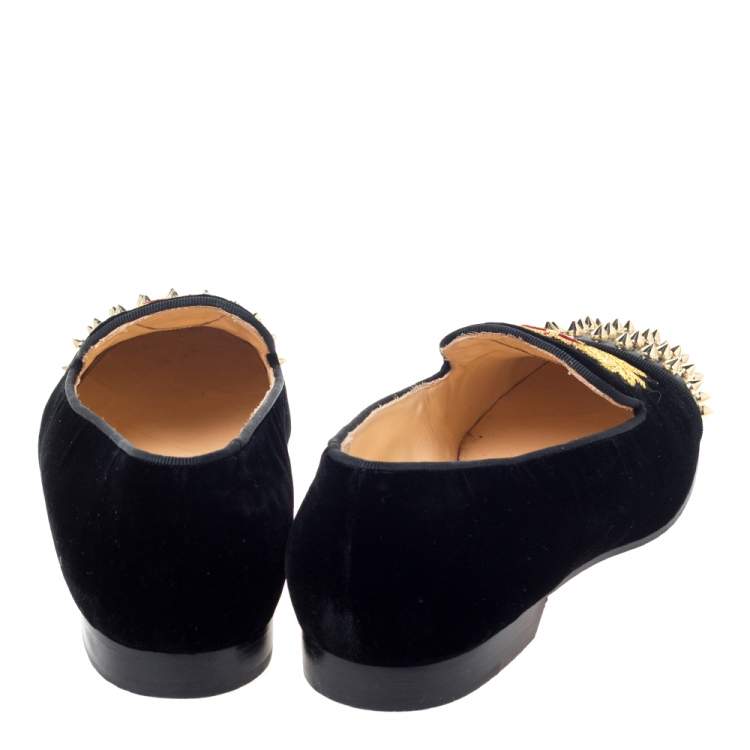Pre Owned Christian Louboutin Black Velvet and Patent Spiked Cap Toe Harvanana Smoking Slippers Size 37.5