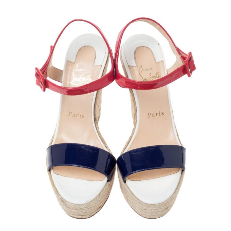Pre Owned Christian Louboutin Tricolor Patent Leather Spachica Espadrille Wedge Sandals Size 37