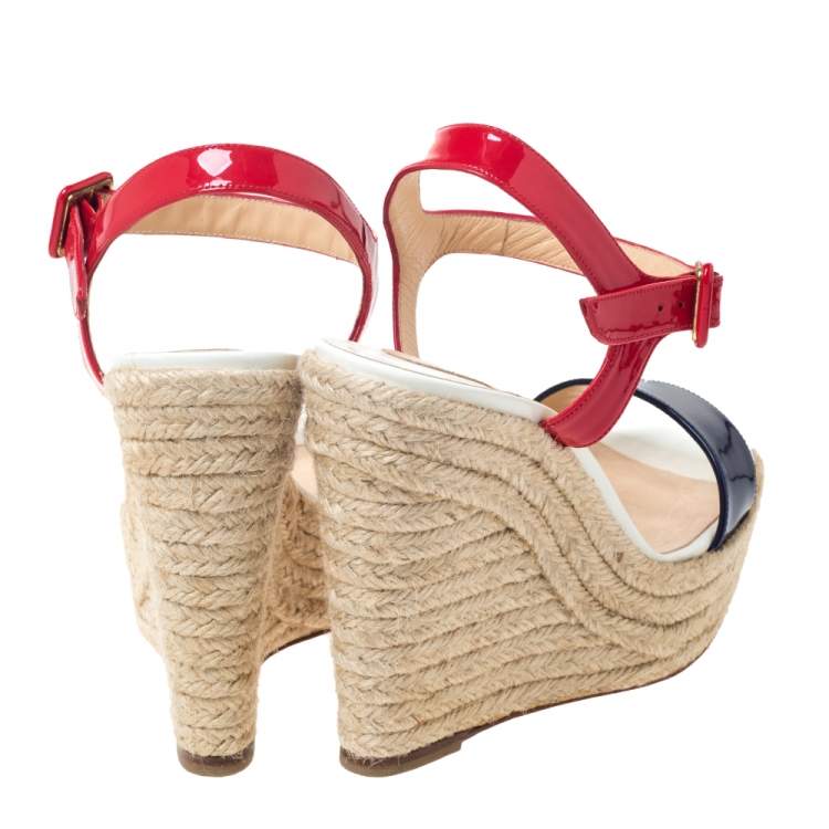 Pre Owned Christian Louboutin Tricolor Patent Leather Spachica Espadrille Wedge Sandals Size 37