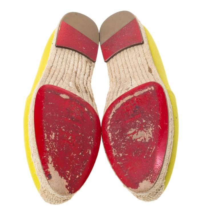 Pre Owned Christian Louboutin Yellow Canvas Gala Embroidered Crest Espadrille Loafers Size 38   