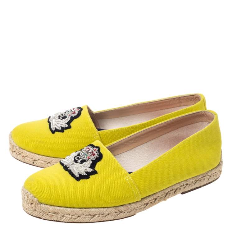 Pre Owned Christian Louboutin Yellow Canvas Gala Embroidered Crest Espadrille Loafers Size 38   