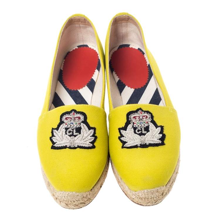 Pre Owned Christian Louboutin Yellow Canvas Gala Embroidered Crest Espadrille Loafers Size 38   