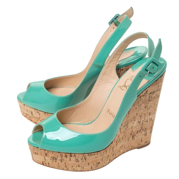 Pre Owned Christian Louboutin Florescent Green Patent Leather Une Plume Peep Toe Slingback Cork Wedges Size 38.5