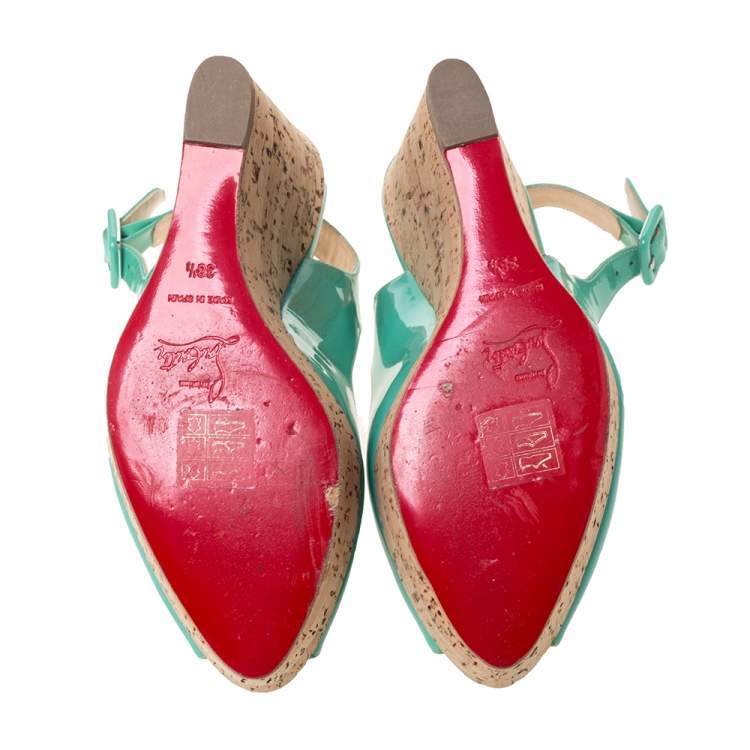 Pre Owned Christian Louboutin Florescent Green Patent Leather Une Plume Peep Toe Slingback Cork Wedges Size 38.5