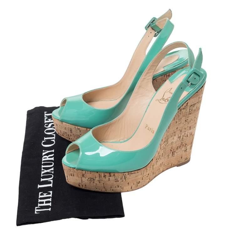 Pre Owned Christian Louboutin Florescent Green Patent Leather Une Plume Peep Toe Slingback Cork Wedges Size 38.5