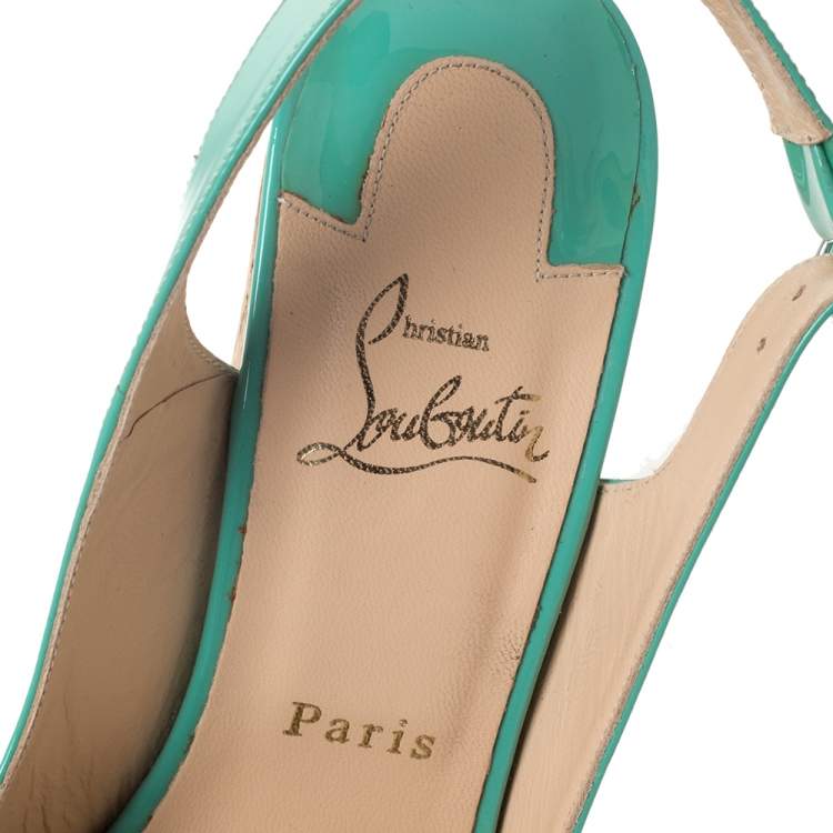 Pre Owned Christian Louboutin Florescent Green Patent Leather Une Plume Peep Toe Slingback Cork Wedges Size 38.5