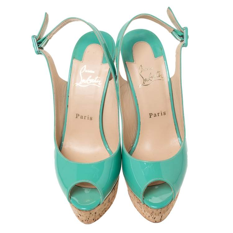 Pre Owned Christian Louboutin Florescent Green Patent Leather Une Plume Peep Toe Slingback Cork Wedges Size 38.5