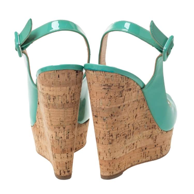 Pre Owned Christian Louboutin Florescent Green Patent Leather Une Plume Peep Toe Slingback Cork Wedges Size 38.5