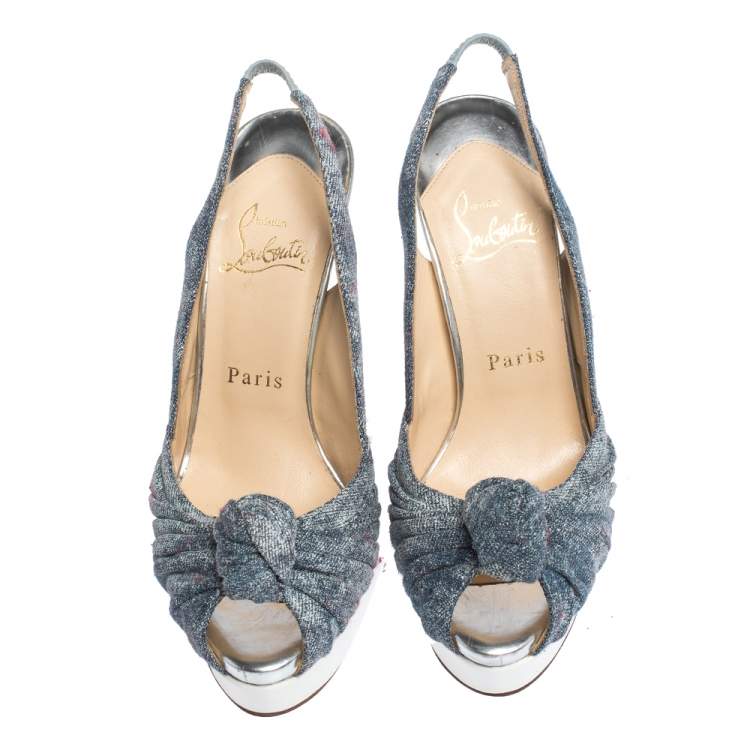 Pre Owned Christian Louboutin Tricolor Denim and Patent Leather Jenny Knotted Slingback Sandals Size 36