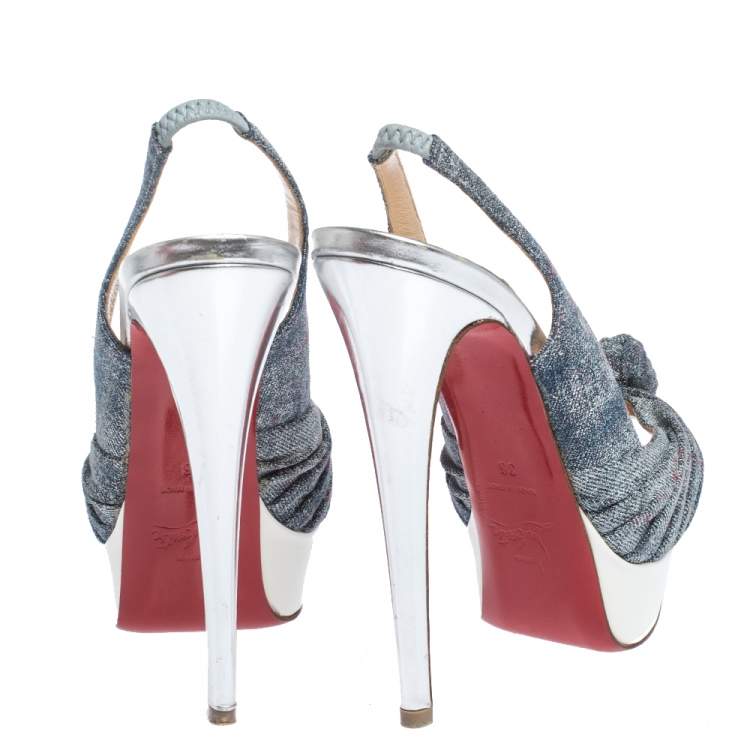 Pre Owned Christian Louboutin Tricolor Denim and Patent Leather Jenny Knotted Slingback Sandals Size 36