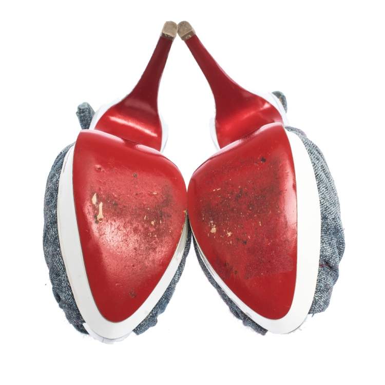 Pre Owned Christian Louboutin Tricolor Denim and Patent Leather Jenny Knotted Slingback Sandals Size 36