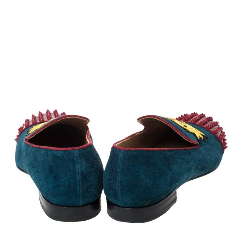 Pre Owned Christian Louboutin Blue/Red Suede And Patent Spiked Cap Toe Harvanana Smoking Slippers Size 40
