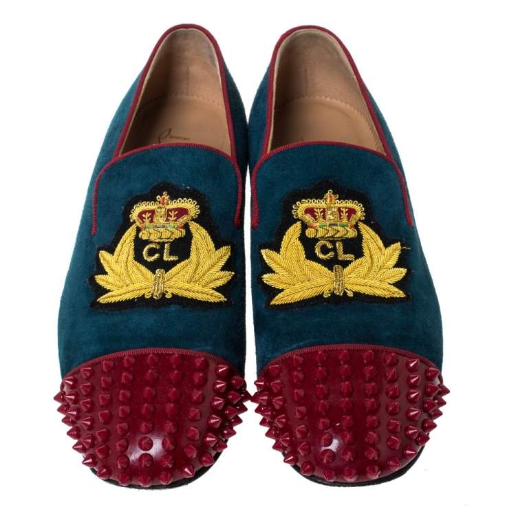 Pre Owned Christian Louboutin Blue/Red Suede And Patent Spiked Cap Toe Harvanana Smoking Slippers Size 40