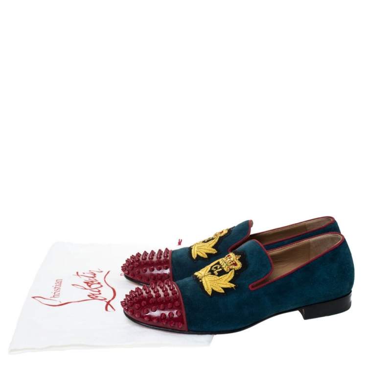 Pre Owned Christian Louboutin Blue/Red Suede And Patent Spiked Cap Toe Harvanana Smoking Slippers Size 40