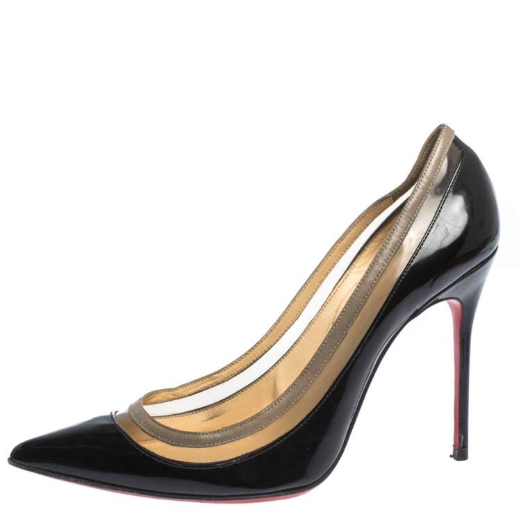 Pre Owned Christian Louboutin Black Patent Leather and PVC Paulina Pointed Toe Pumps Size 36.5
