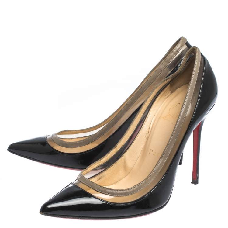 Pre Owned Christian Louboutin Black Patent Leather and PVC Paulina Pointed Toe Pumps Size 36.5