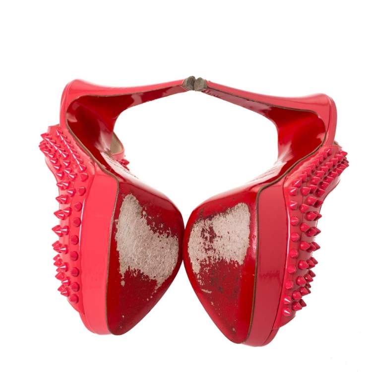 Pre Owned Christian Louboutin Crimson Pink Patent Leather Lady Peep Spiked Platform Sandals Size 38.5