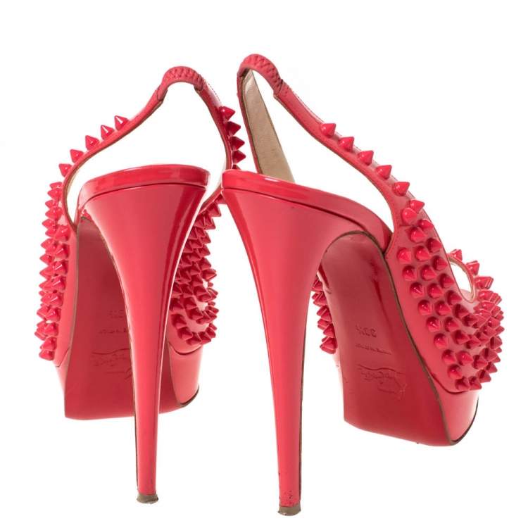 Pre Owned Christian Louboutin Crimson Pink Patent Leather Lady Peep Spiked Platform Sandals Size 38.5