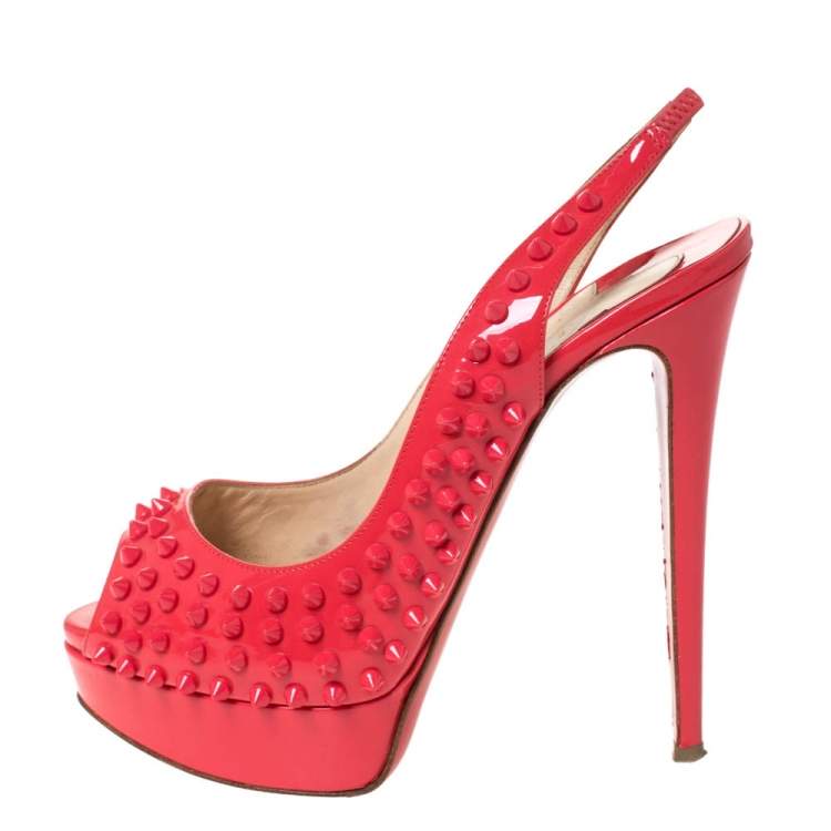 Pre Owned Christian Louboutin Crimson Pink Patent Leather Lady Peep Spiked Platform Sandals Size 38.5