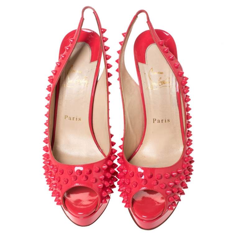 Pre Owned Christian Louboutin Crimson Pink Patent Leather Lady Peep Spiked Platform Sandals Size 38.5