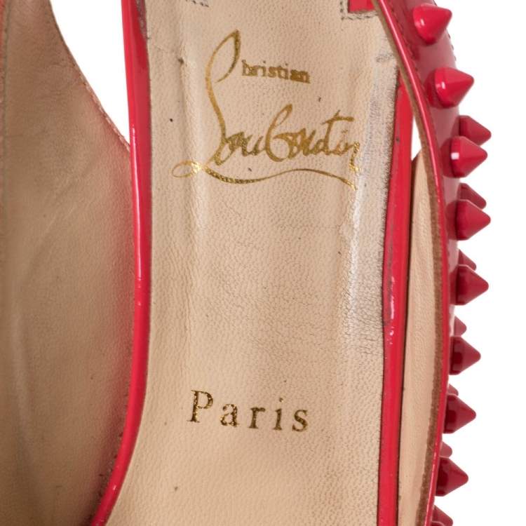 Pre Owned Christian Louboutin Crimson Pink Patent Leather Lady Peep Spiked Platform Sandals Size 38.5