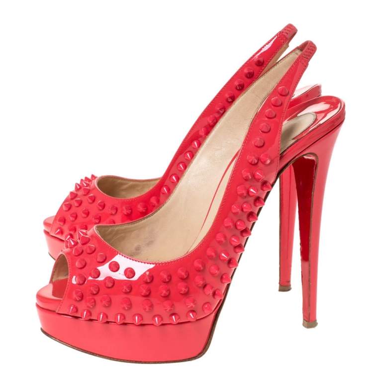 Pre Owned Christian Louboutin Crimson Pink Patent Leather Lady Peep Spiked Platform Sandals Size 38.5