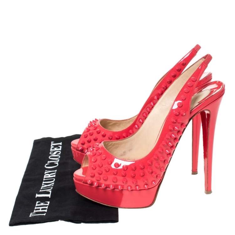 Pre Owned Christian Louboutin Crimson Pink Patent Leather Lady Peep Spiked Platform Sandals Size 38.5