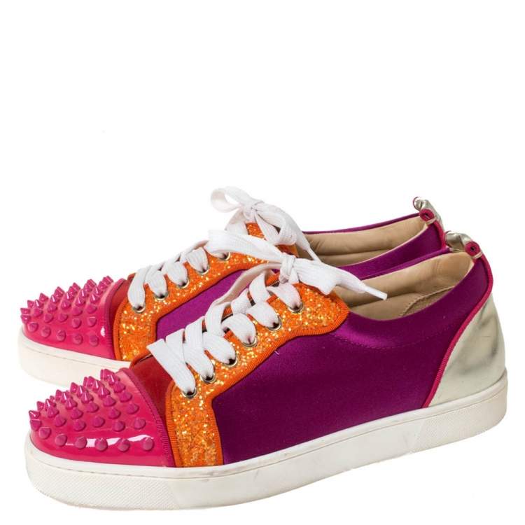Pre Owned Christian Louboutin Multicolor Satin And Patent Leather Louis Junior Spikes Sneakers Size 39