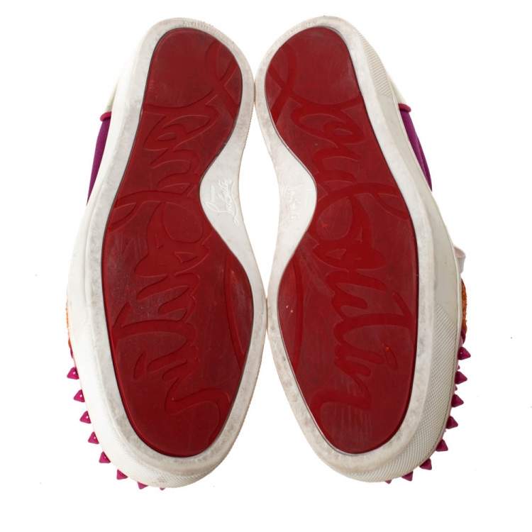 Pre Owned Christian Louboutin Multicolor Satin And Patent Leather Louis Junior Spikes Sneakers Size 39