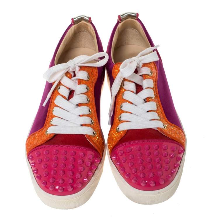 Pre Owned Christian Louboutin Multicolor Satin And Patent Leather Louis Junior Spikes Sneakers Size 39